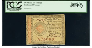 image for: Continental Currency January 14, 1779 $20 PCGS Extremely Fine 45PPQ....