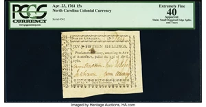 image for: North Carolina April 23, 1761 15s PCGS Apparent Extremely Fine 40....