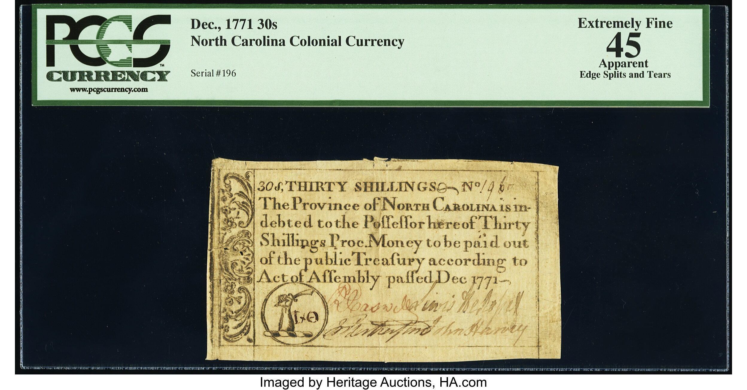 image for: North Carolina December, 1771 30s PCGS Apparent Extremely Fine 45....