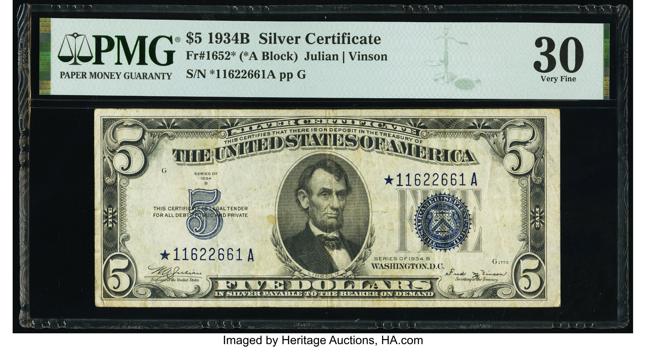 image for: Fr. 1652* $5 1934B Silver Certificate Star. PMG Very Fine 30....