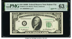 image for: Solid Serial Number 66666666 Fr. 2012-J $10 1950B Federal Reserve Note. PMG Choice Uncirculated 63 EPQ....