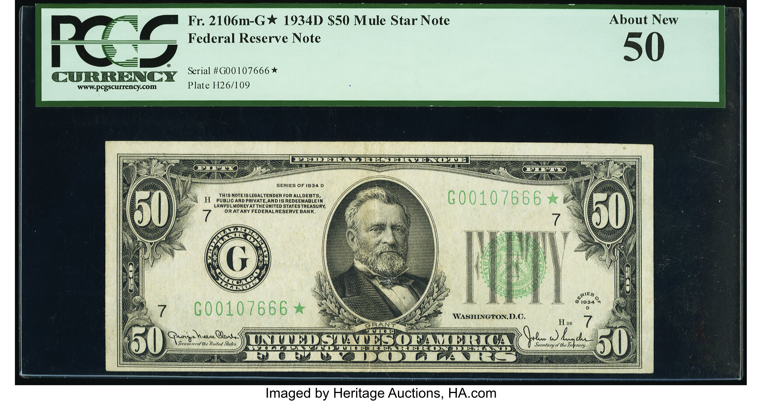 image for: Fr. 2106-G* $50 1934D Federal Reserve Star Note. PCGS About New 50....
