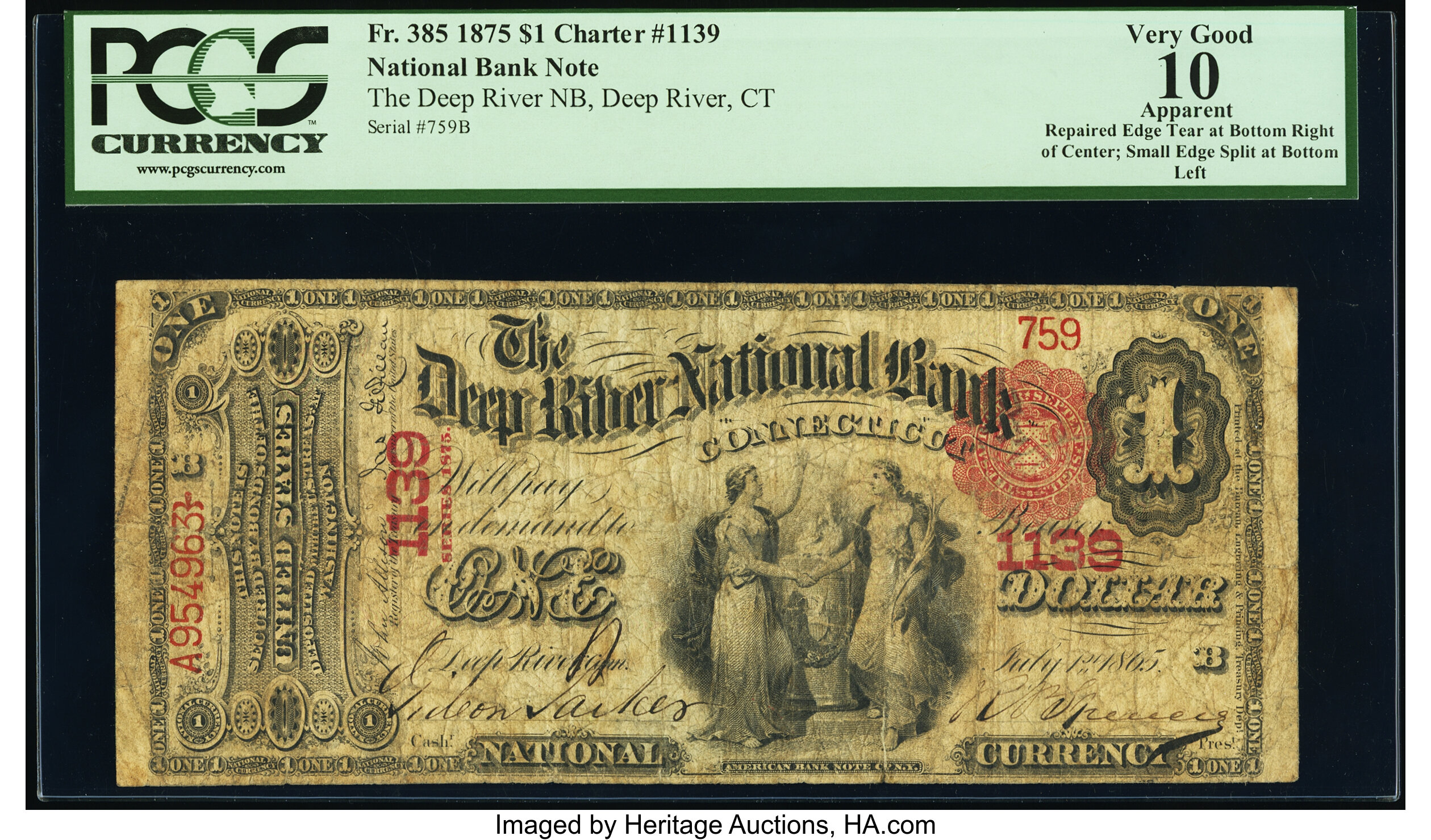 image for: Deep River, CT - $1 1875 Fr. 385 The Deep River National Bank Ch. # 1139 PCGS Apparent Very Good 10....