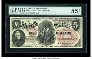 image for: Fr. 67 $5 1875 Legal Tender PMG About Uncirculated 55 EPQ....