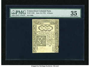 image for: Connecticut June 19, 1776 6d PMG Choice Very Fine 35....