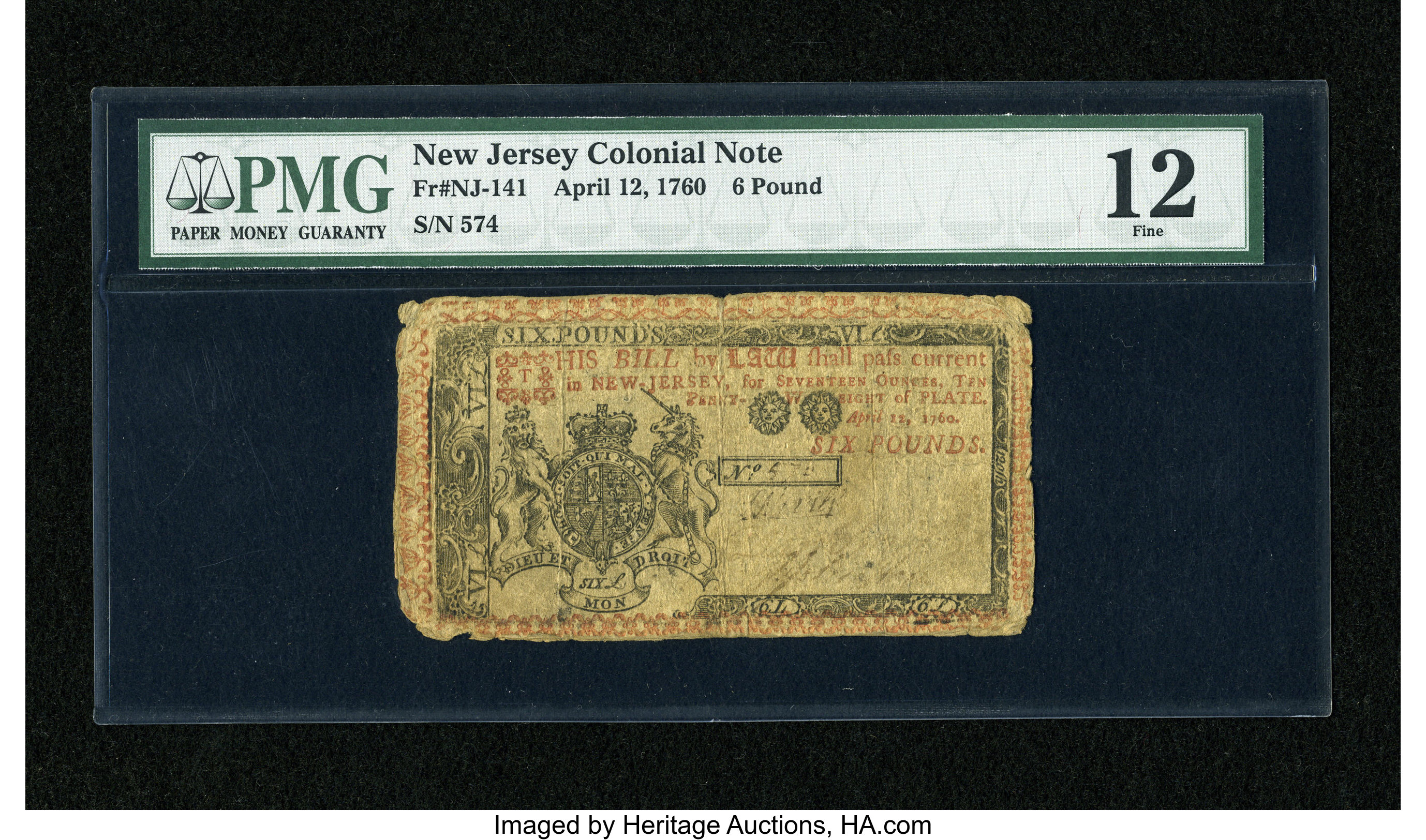 image for: New Jersey April 12, 1760 £6 PMG Fine 12....