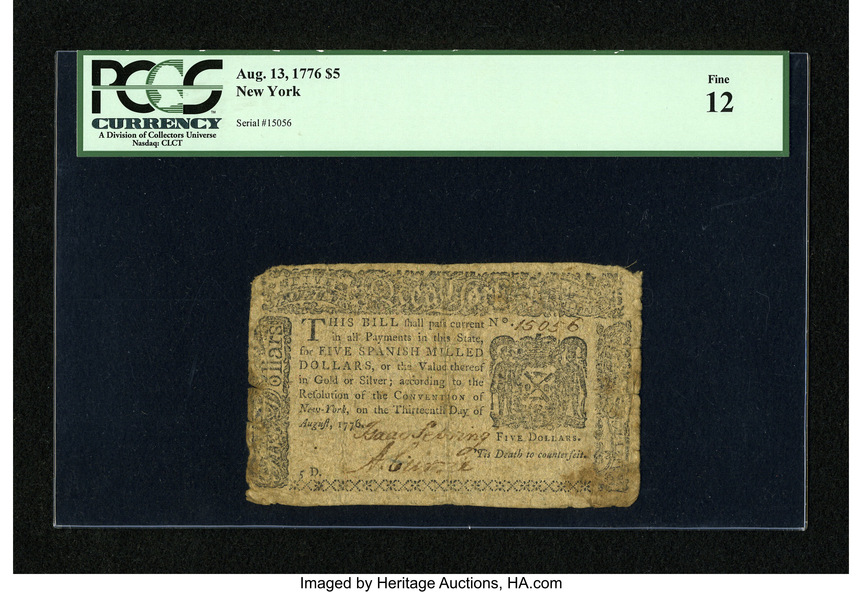 image for: New York August 13, 1776 $5 PCGS Fine 12....