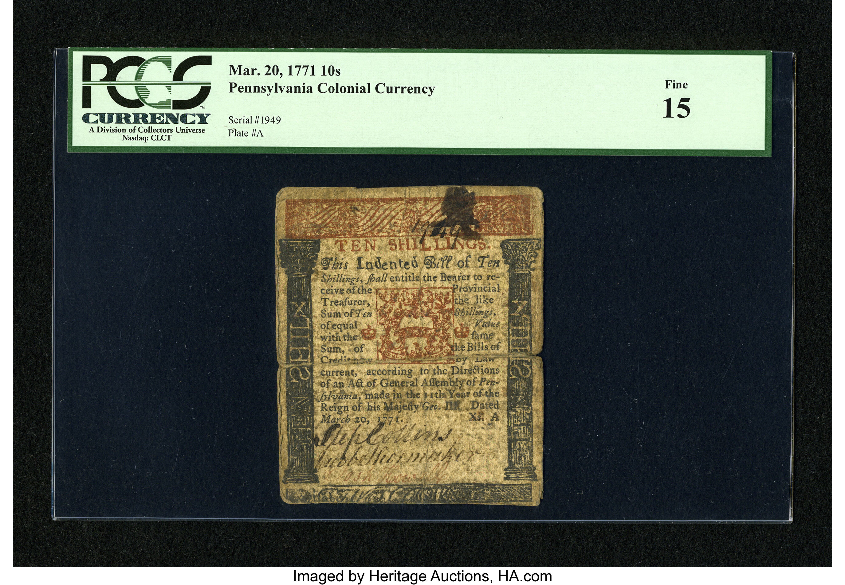 image for: Pennsylvania March 20, 1771 10s PCGS Fine 15....