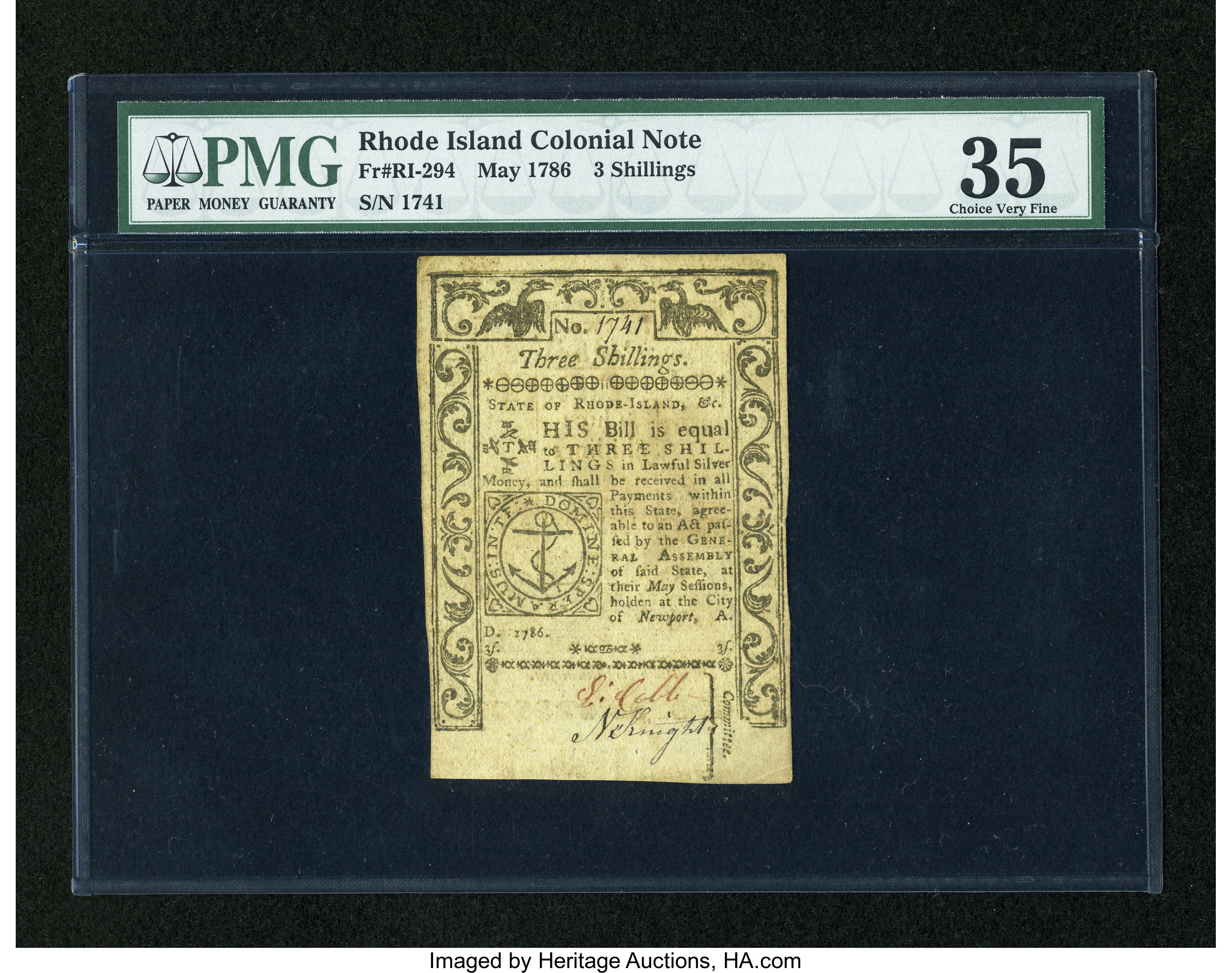 image for: Rhode Island May 1786 3s PMG Choice Very Fine 35....