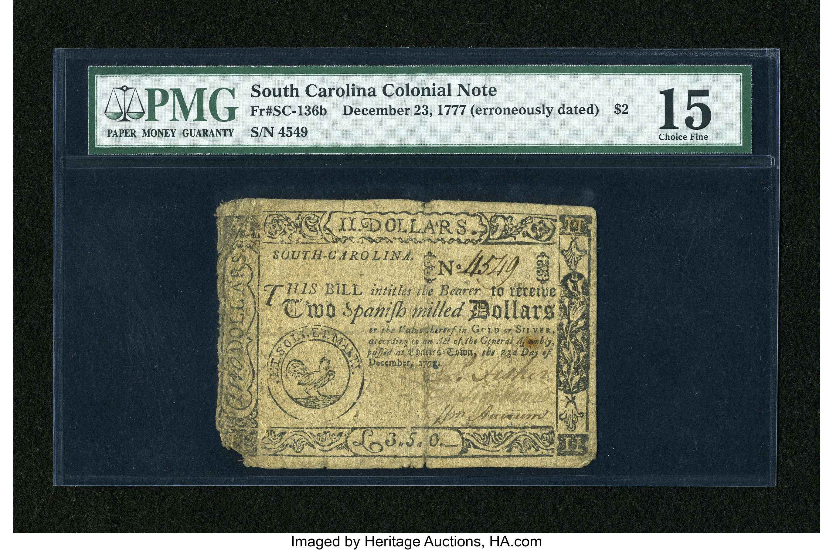 image for: South Carolina December 23, 1777 (erroneously dated) $2 PMG Choice Fine 15....