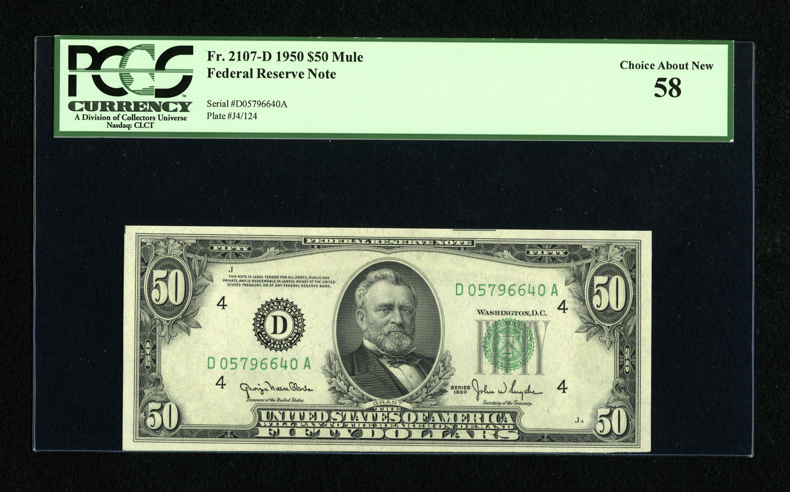 image for: Fr. 2107-D $50 1950 Mule Federal Reserve Note. PCGS Choice About New 58....