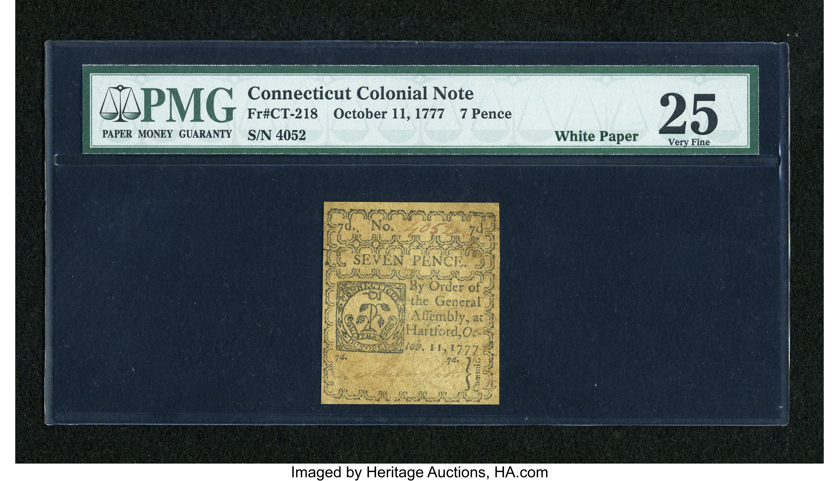 image for: Connecticut October 11, 1777 7d Uncancelled on White Paper PMG Very Fine 25....