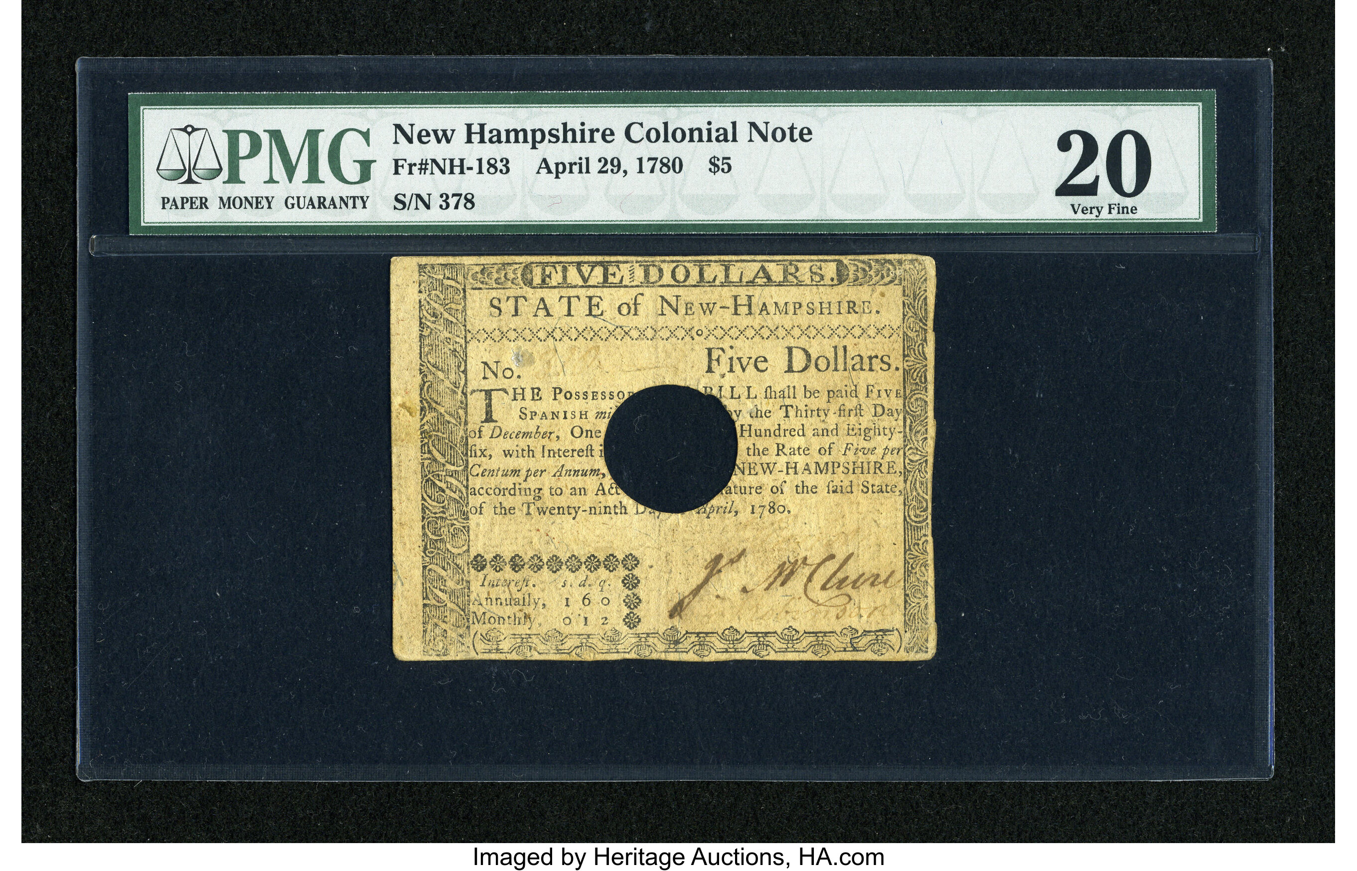 image for: New Hampshire April 29, 1780 $5 PMG Very Fine 20, HOC.