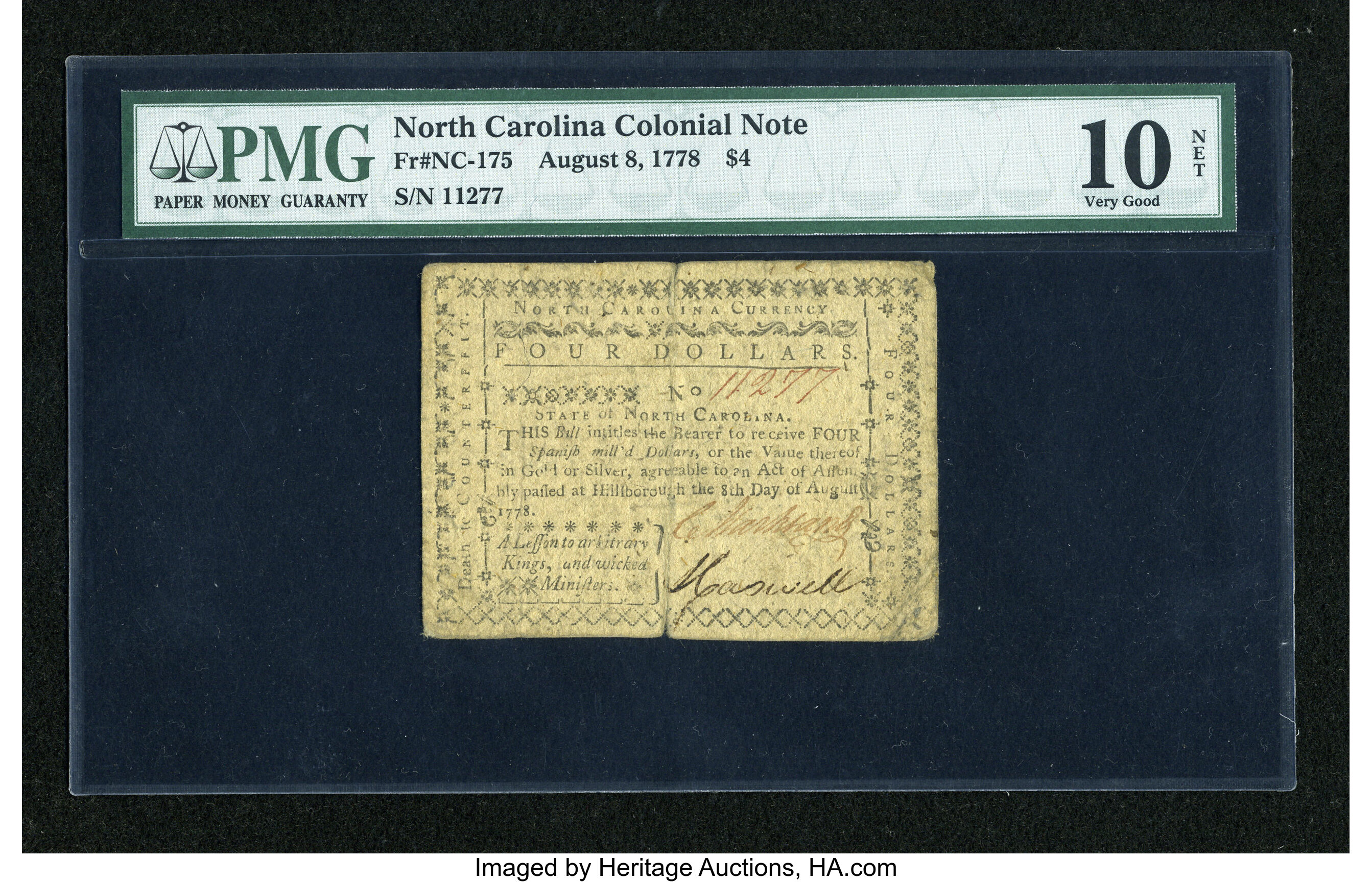 image for: North Carolina August 8, 1778 $4 PMG Very Good 10 Net....