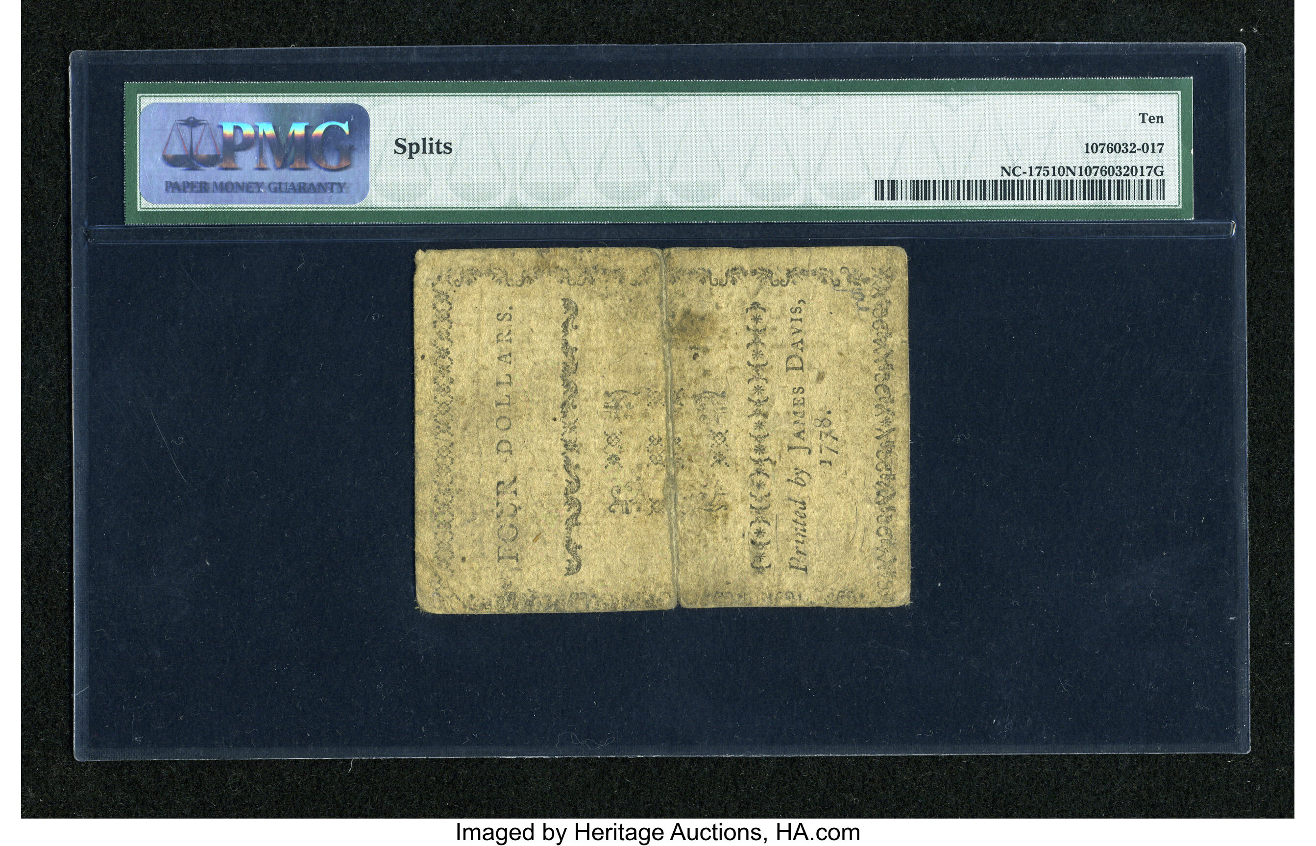 image for: North Carolina August 8, 1778 $4 PMG Very Good 10 Net....