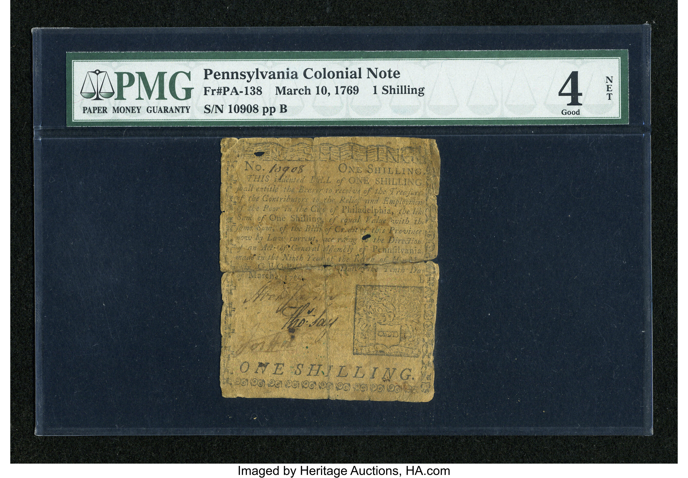 image for: Pennsylvania March 10, 1769 1s PMG Good 4 Net....