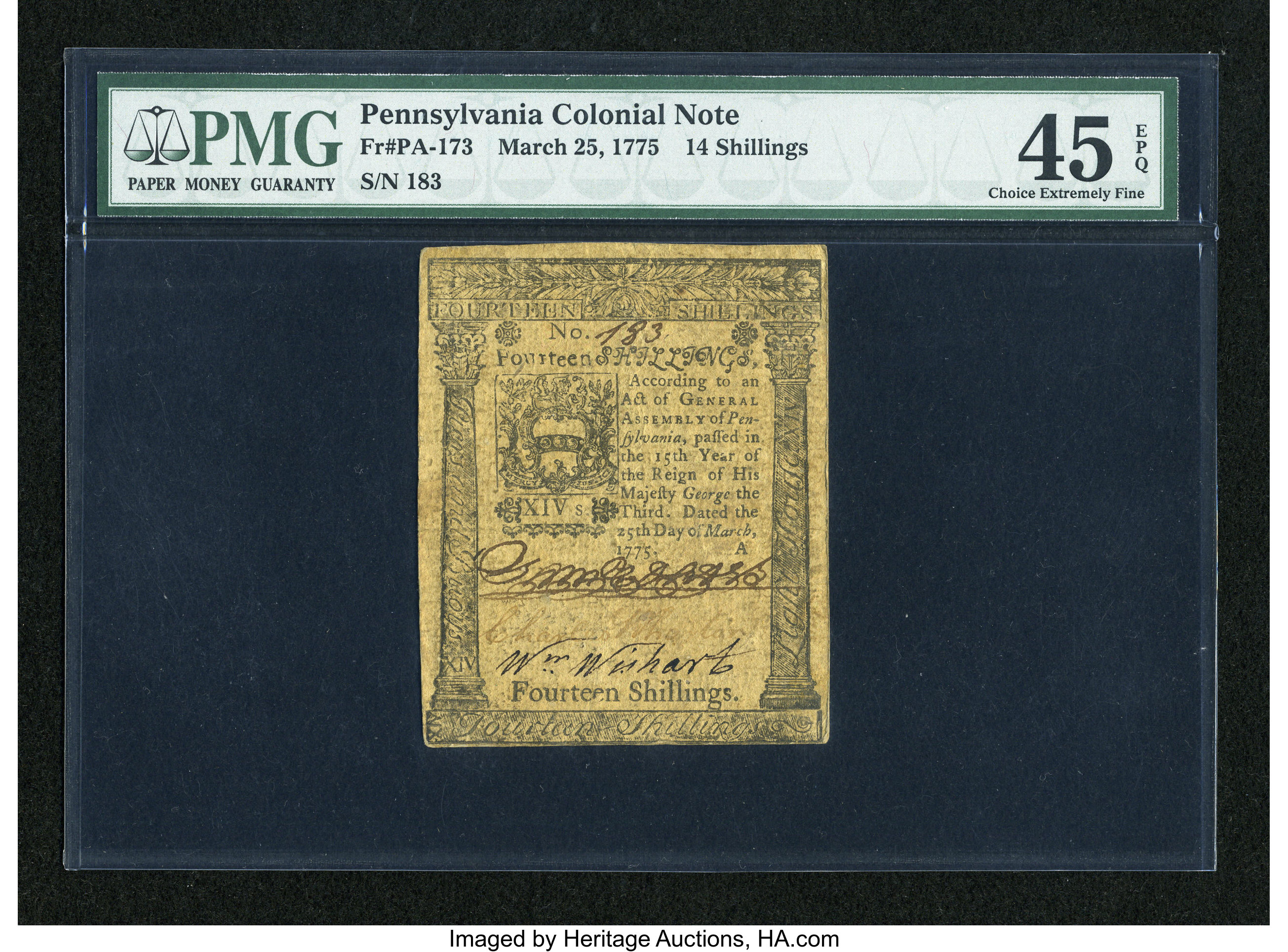 image for: Pennsylvania March 25, 1775 14s PMG Choice Extremely Fine 45 EPQ....