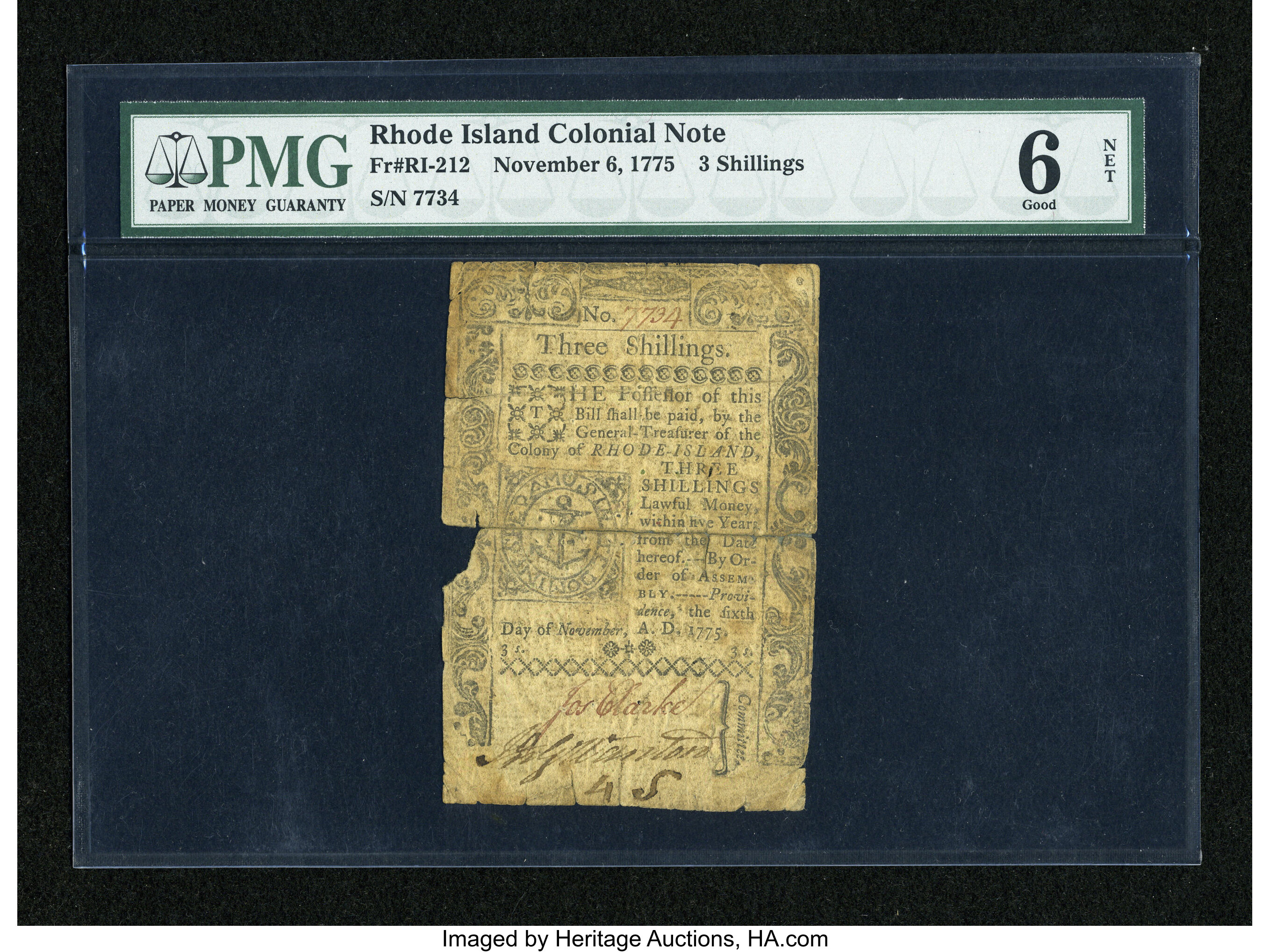 image for: Rhode Island November 6, 1775 3s PMG Good 6 Net....