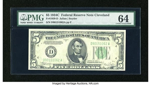 image for: Fr. 1959-D $5 1934C Federal Reserve Note. PMG Choice Uncirculated 64....