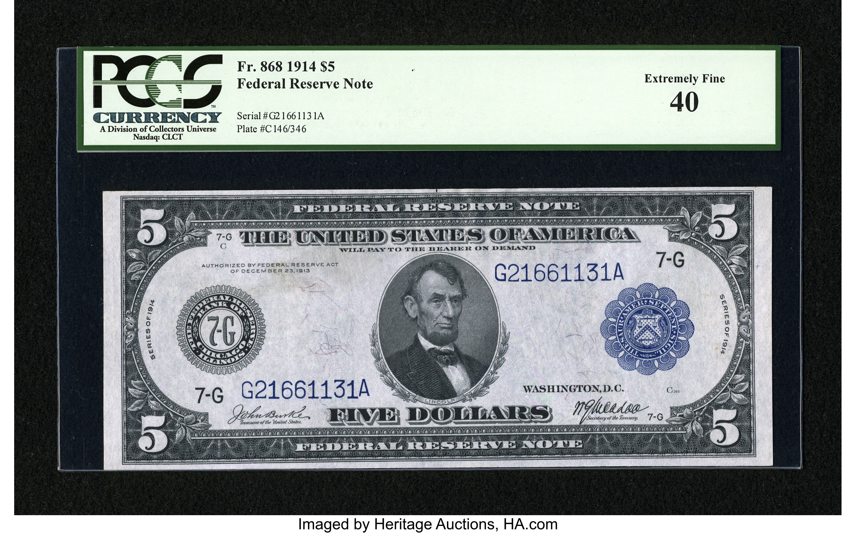 image for: Fr. 868 $5 1914 Federal Reserve Note PCGS Extremely Fine 40....