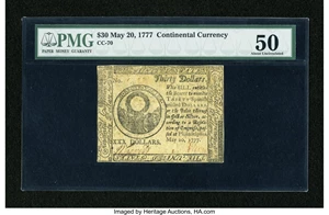 image for: Continental Currency May 20, 1777 $30 PMG About Uncirculated 50....