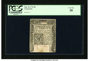 image for: Connecticut May 10, 1775 20s PCGS Very Fine 30....