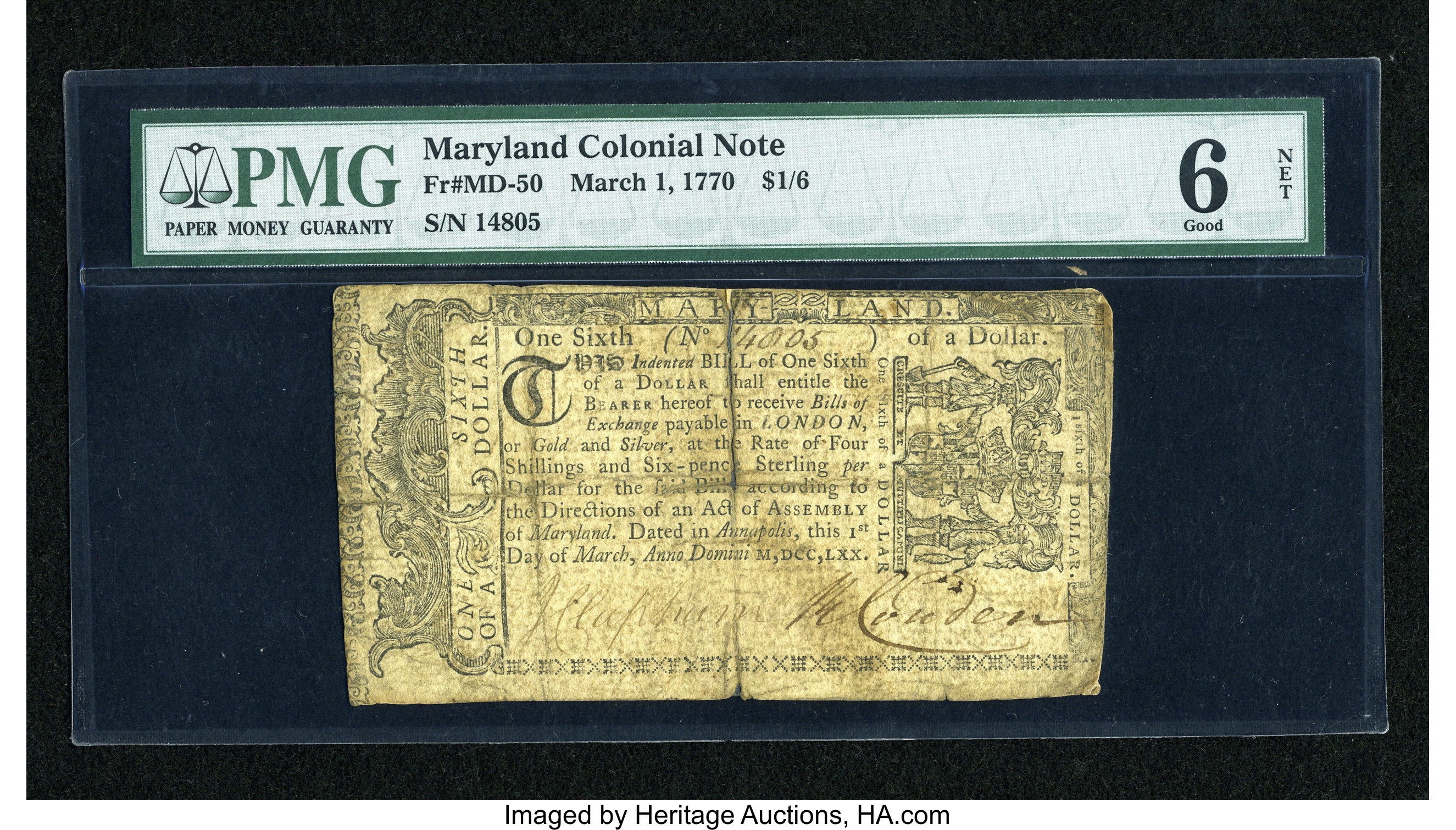 image for: Maryland March 1, 1770 $1/6 PMG Good 6 Net....