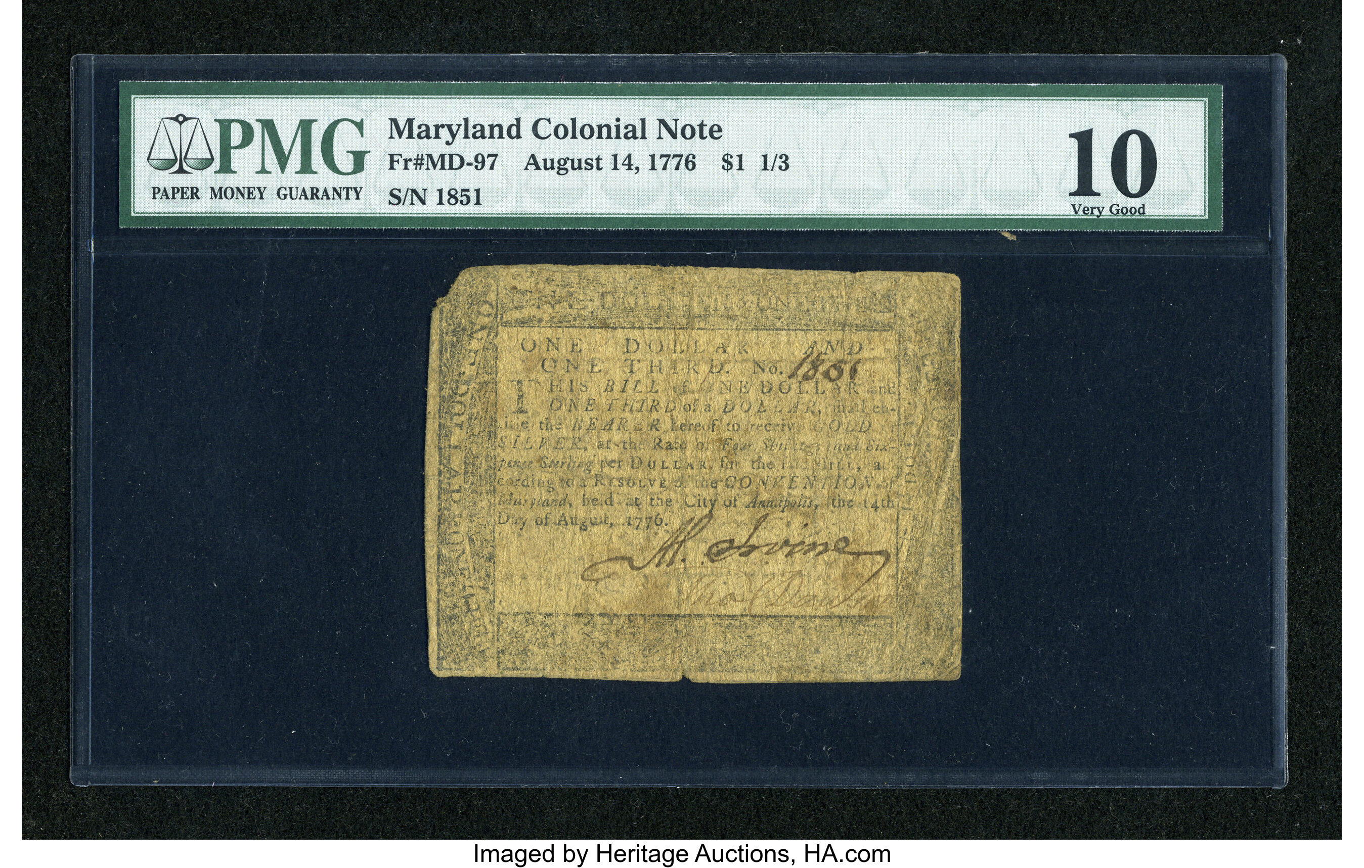 image for: Maryland August 14, 1776 $1  1/3 PMG Very Good 10....