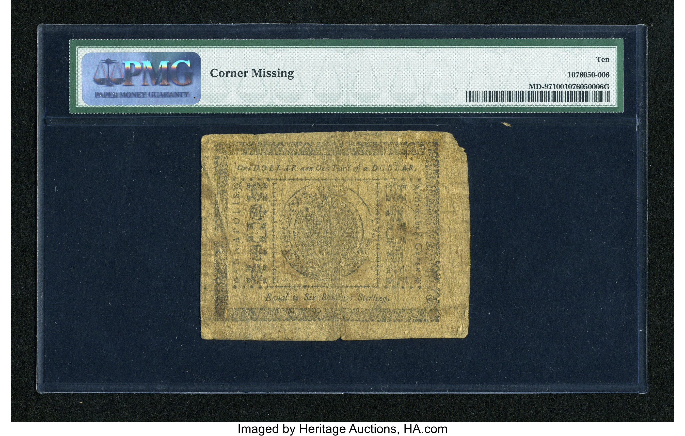 image for: Maryland August 14, 1776 $1  1/3 PMG Very Good 10....