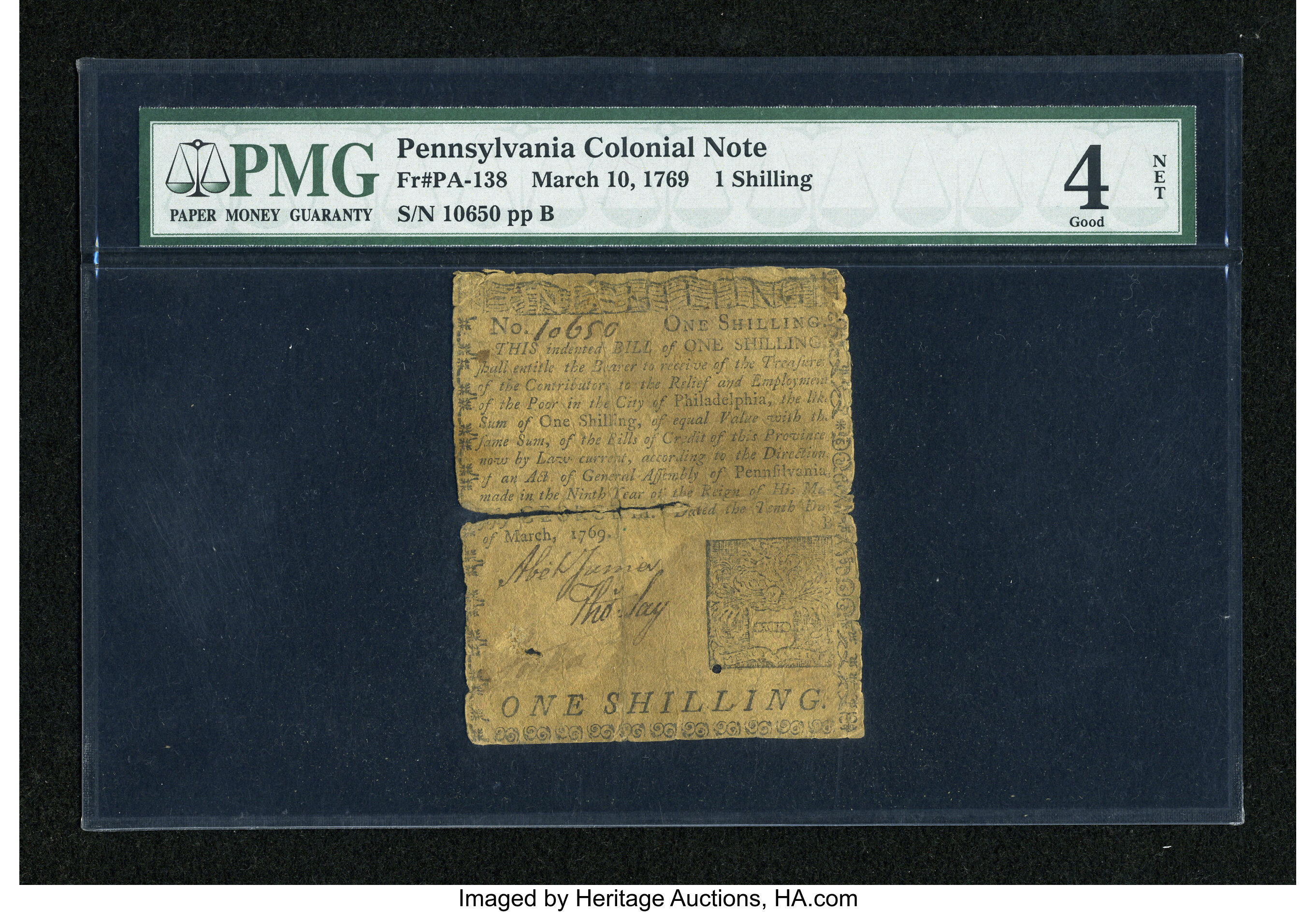 image for: Pennsylvania March 10, 1769 1s PMG Good 4 Net....