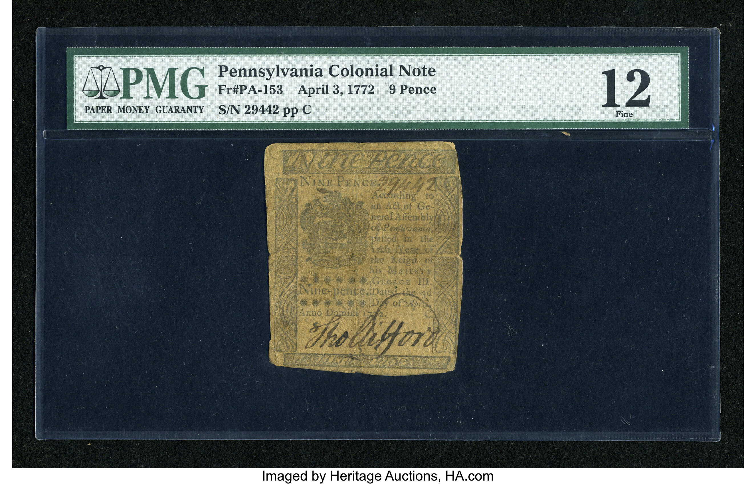 image for: Pennsylvania April 3, 1772 9d PMG Fine 12....