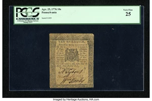 image for: Pennsylvania April 25, 1776 10s PCGS Very Fine 25....