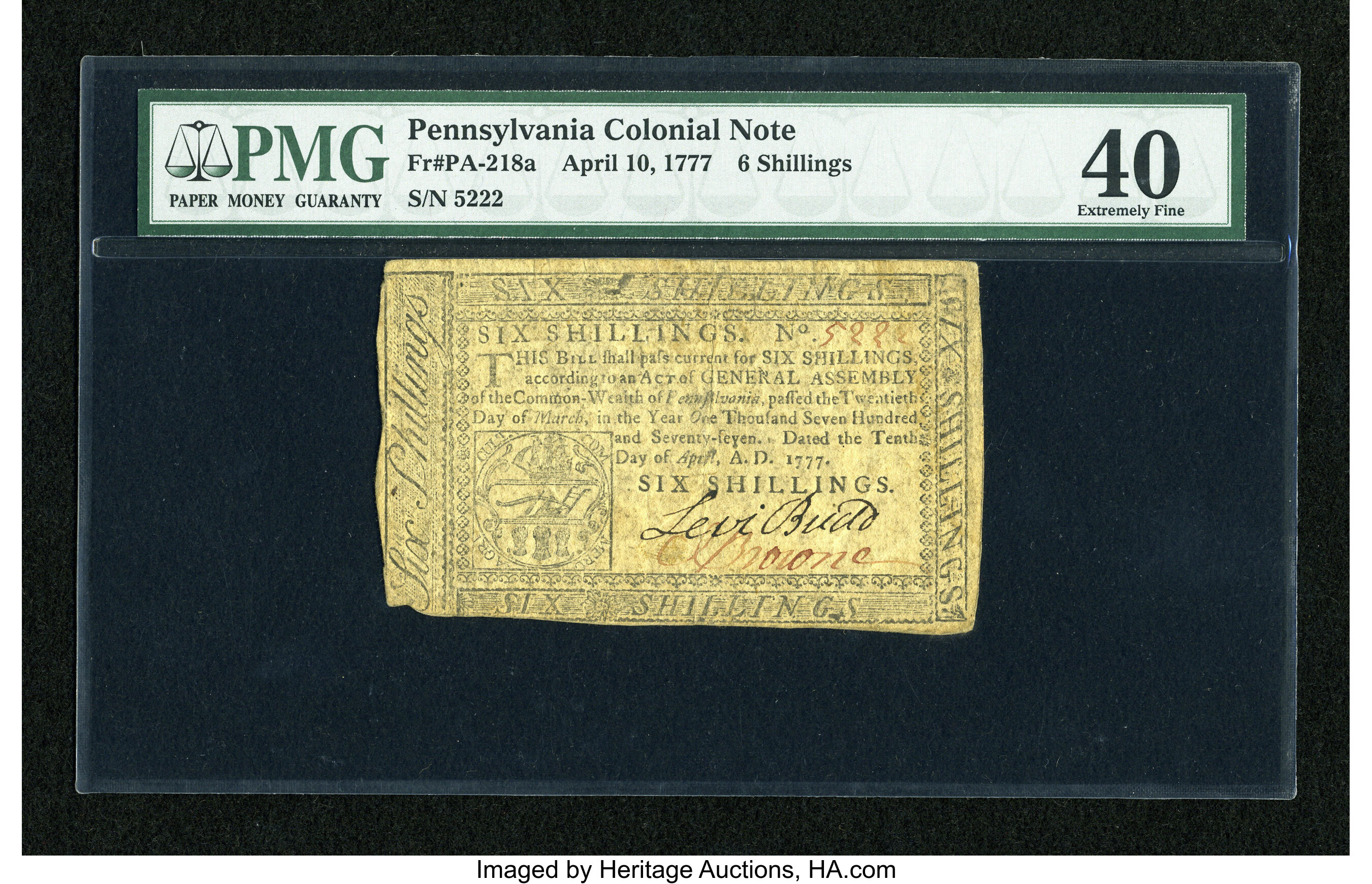 image for: Pennsylvania April 10, 1777 6s PMG Extremely Fine 40....