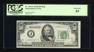 image for: Fr. 2104-J $50 1934B Federal Reserve Note. PCGS Choice New 63....