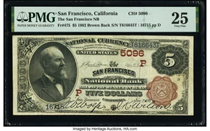 image for: San Francisco, CA - $5 1882 Brown Back Fr. 475 The San Francisco National Bank Ch. # (P)5096 PMG Very Fine 25....