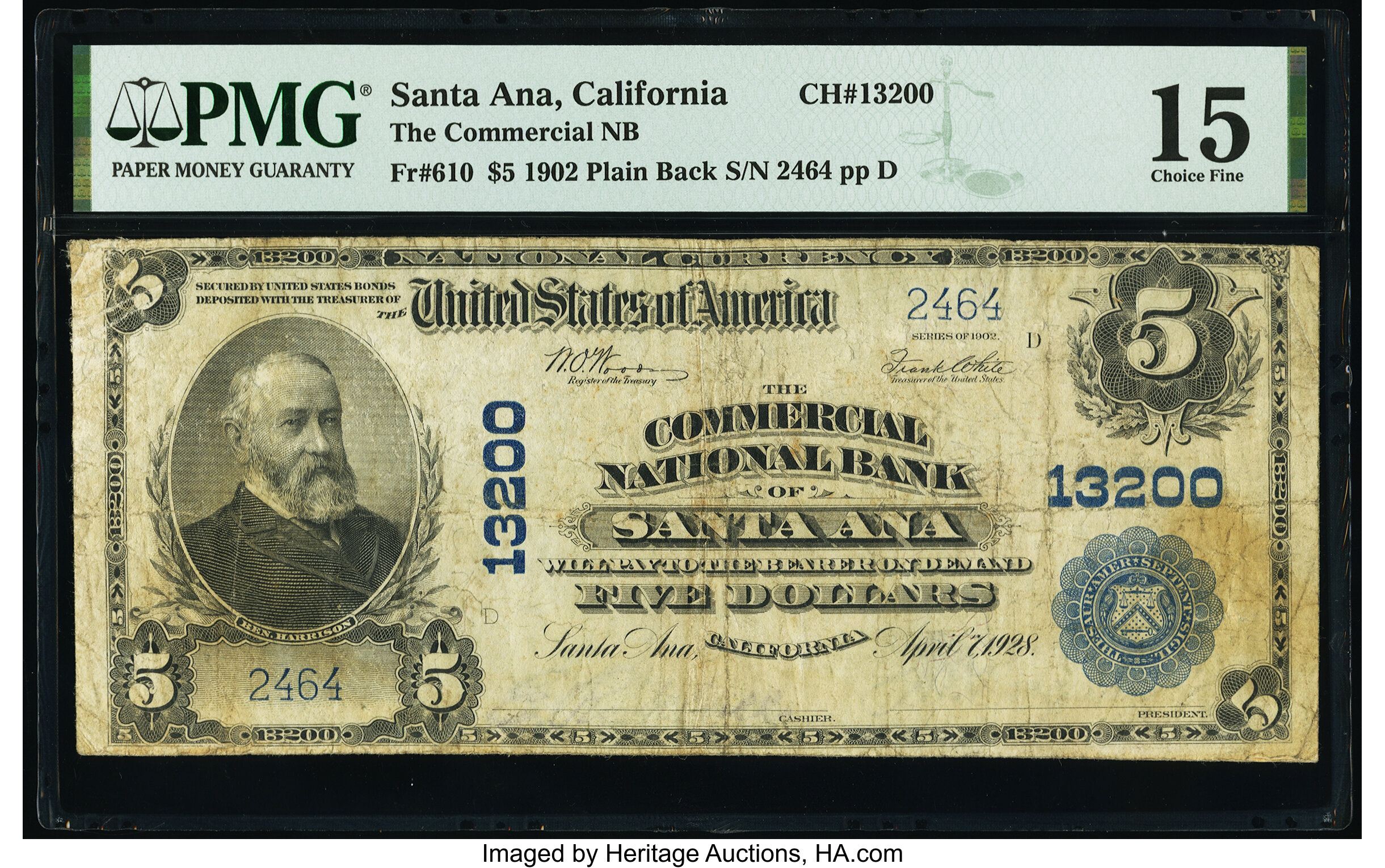 image for: Santa Ana, CA - $5 1902 Plain Back Fr. 610 The Commercial National Bank Ch. # 13200 PMG Choice Fine 15....