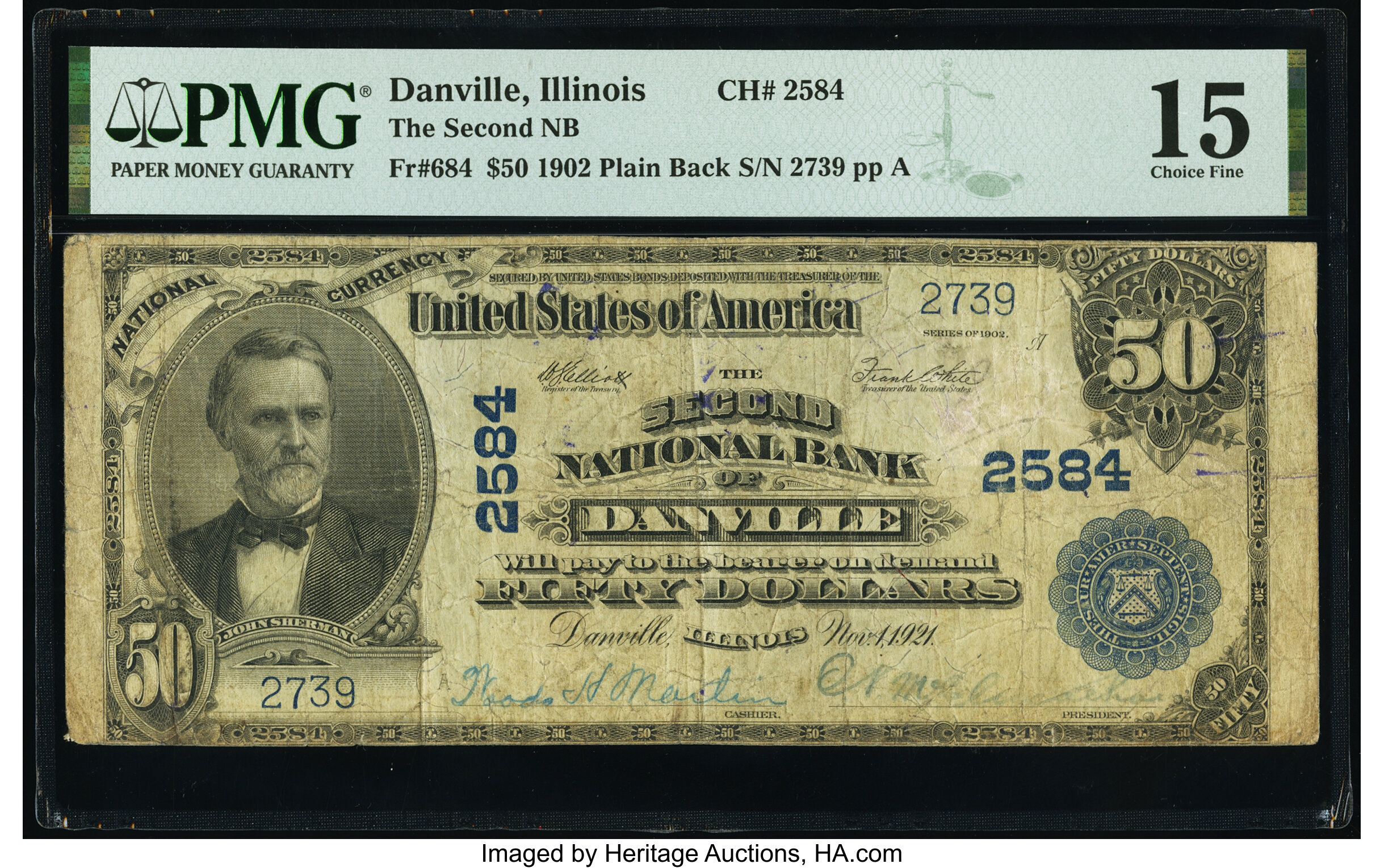 image for: Danville, IL - $50 1902 Plain Back Fr. 684 The Second National Bank Ch. # 2584 PMG Choice Fine 15....