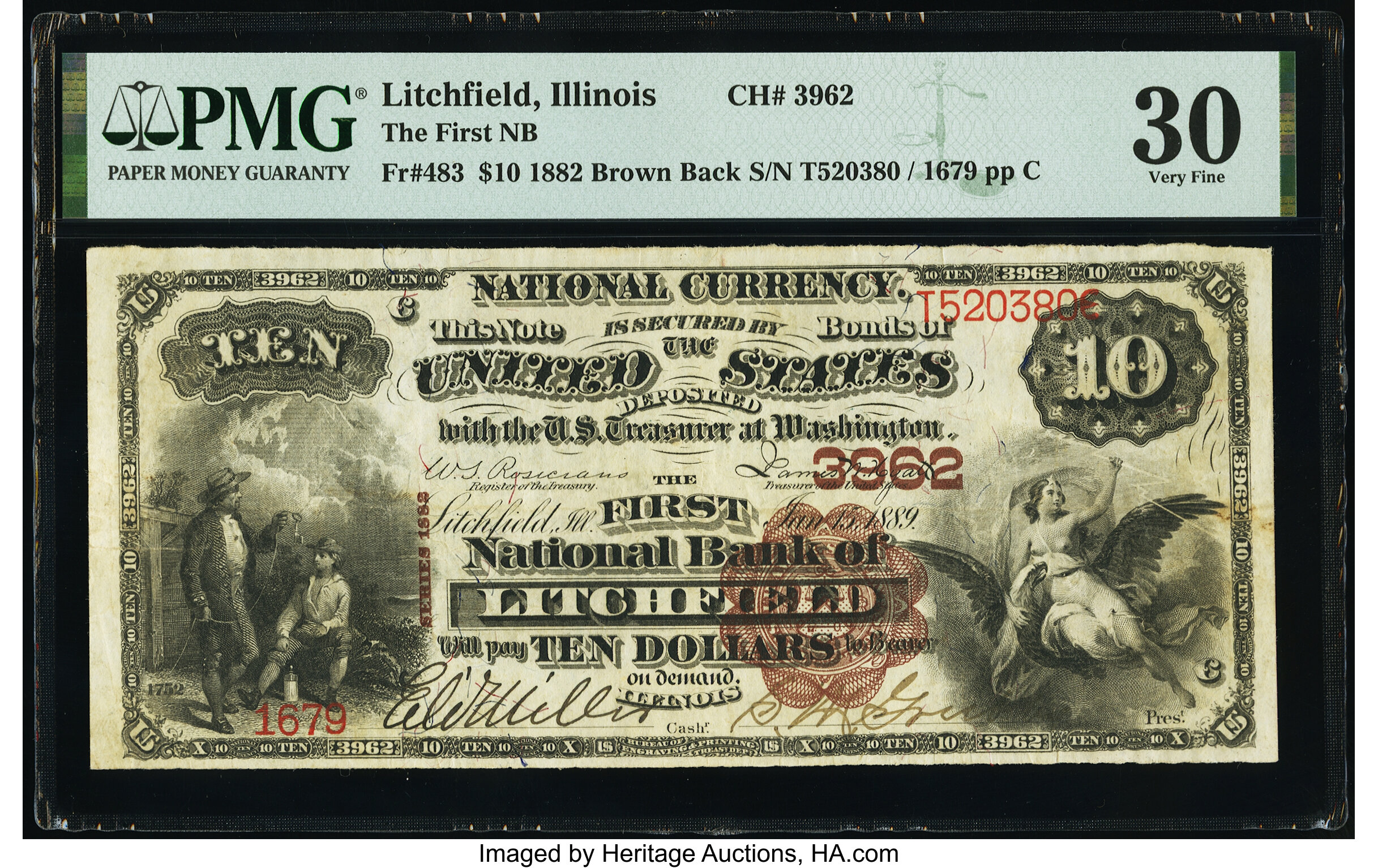 image for: Litchfield, IL - $10 1882 Brown Back Fr. 483 The First National Bank Ch. # 3962 PMG Very Fine 30....