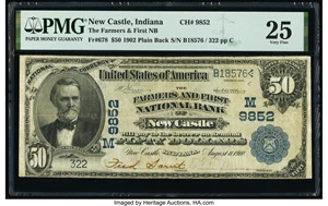 image for: New Castle, IN - $50 1902 Plain Back Fr. 678 The Farmers & First National Bank Ch. # (M)9852 PMG Very Fine 25....