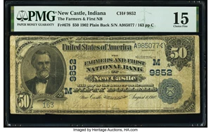 image for: New Castle, IN - $50 1902 Plain Back Fr. 678 The Farmers & First National Bank Ch. # (M)9852 PMG Choice Fine 15....