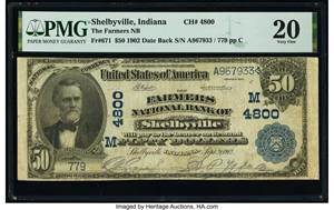 image for: Shelbyville, IN - $50 1902 Date Back Fr. 671 The Farmers National Bank Ch. # (M)4800 PMG Very Fine 20....