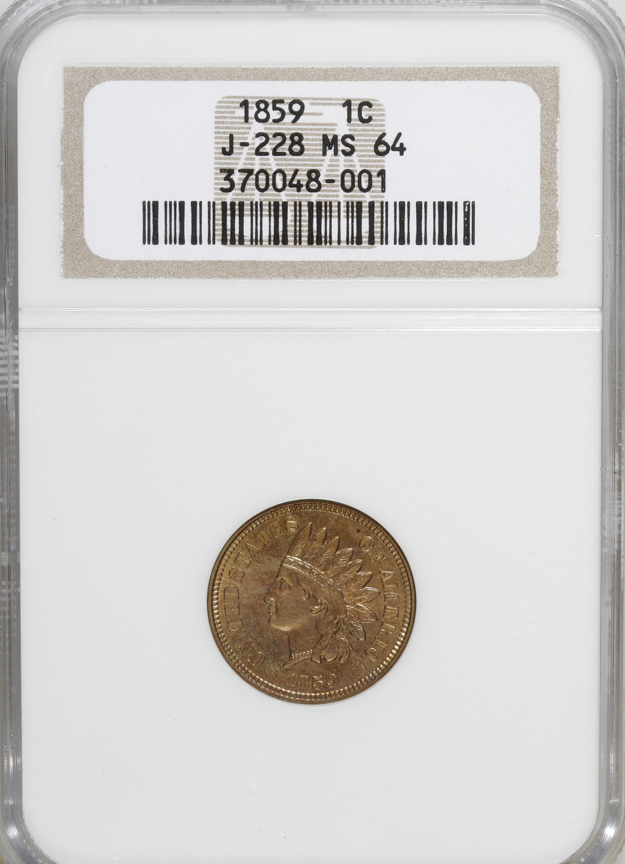 image for: 1859 P1C Indian Cent, Judd-228, Pollock-272, R.1, MS64 NGC. NGC Census: (0/0). PCGS Population (9/2).   (#11934)...