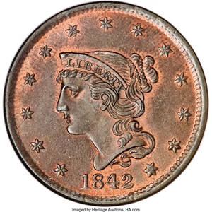 image for: 1842 1C Large Date MS66 Red and Brown NGC....