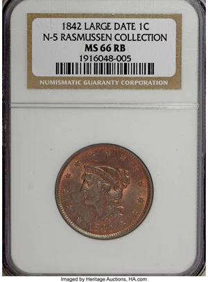 image for: 1842 1C Large Date MS66 Red and Brown NGC....
