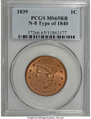 image for: 1839 1C Type of 1840 MS65 Red and Brown PCGS....