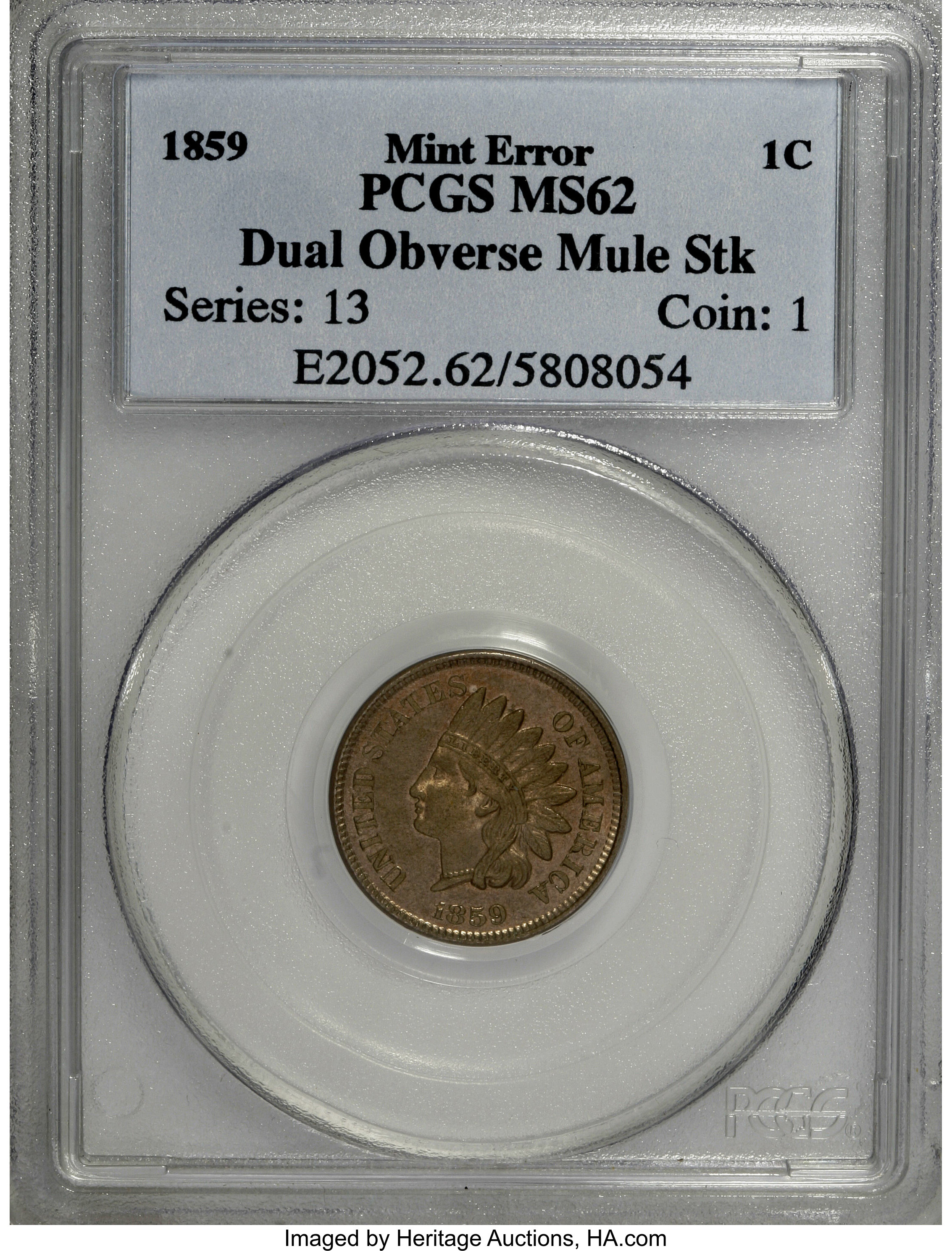 image for: 1859 P1C Indian Cent, Judd-229a, Snow-PT5, Unique--Dual Obverse Mule--MS62 PCGS....