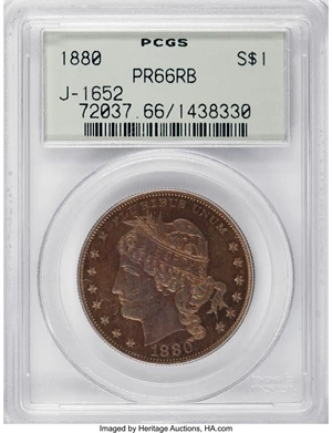 image for: 1880 $1 Goloid Metric Dollar, Judd-1652, Pollock-1852, R.6-7, PR66 Red and Brown PCGS....