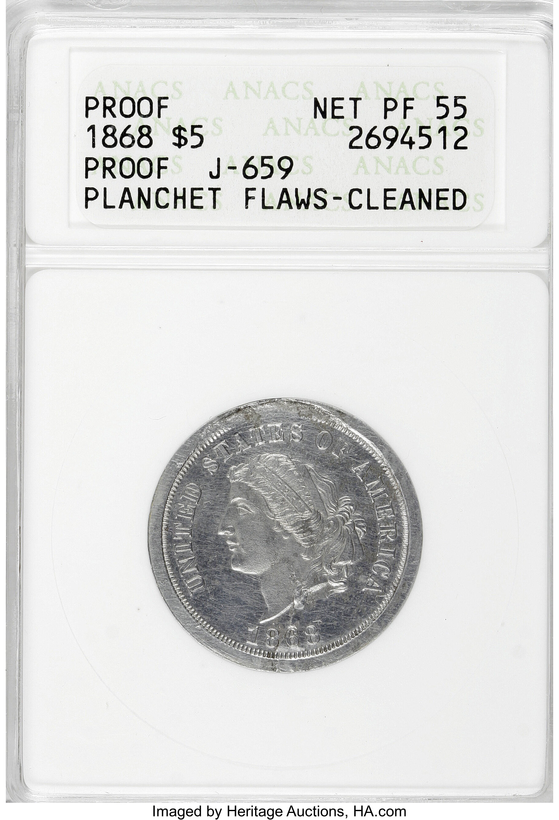 image for: 1868 $5 Dual Denomination $5-25 Francs, Judd-659, Pollock-732, Low R.7--Planchet Flaws, Cleaned--ANACS. Net PR55....