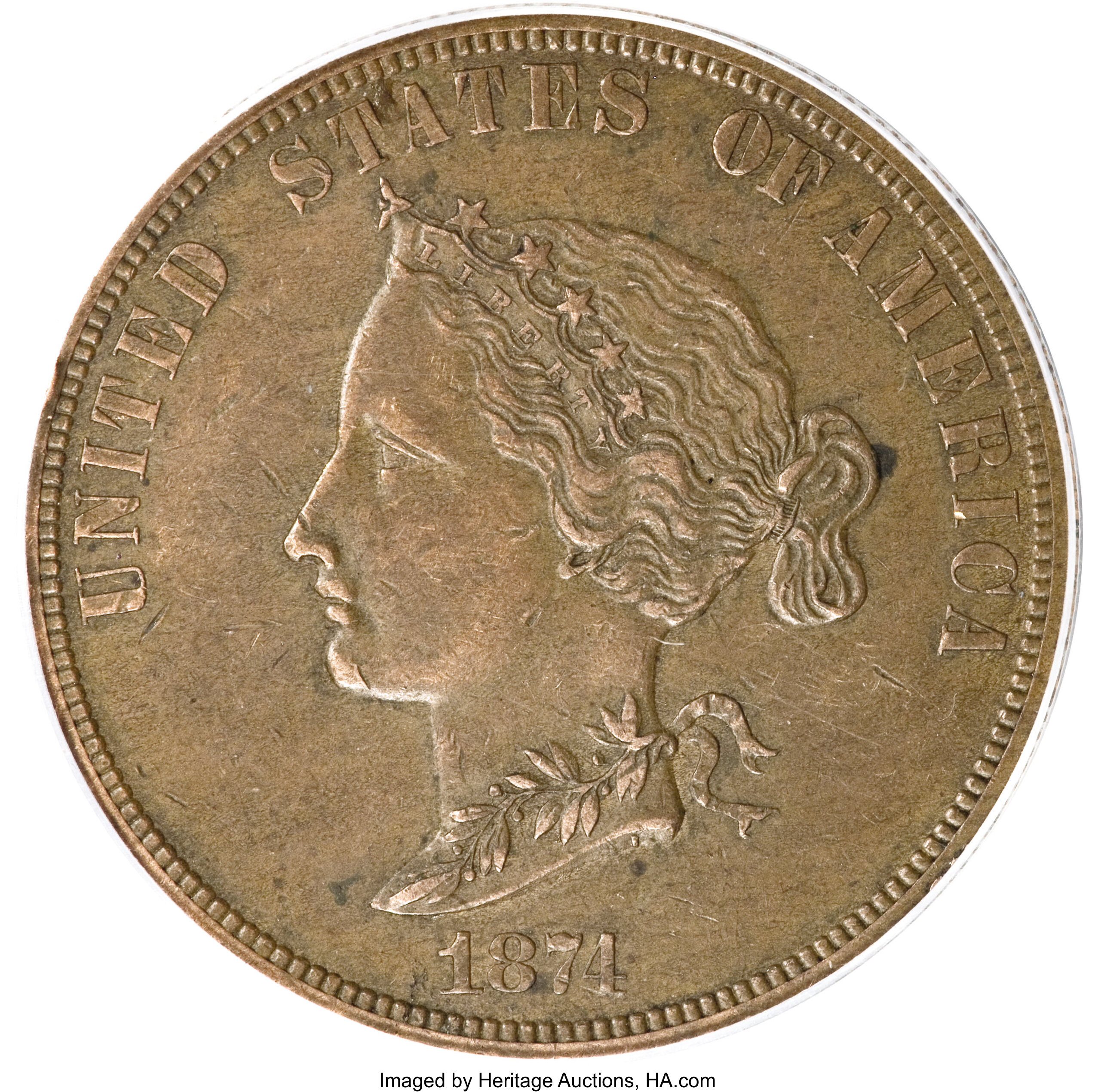 image for: 1874 $10 Bickford Ten Dollar, Judd-1374, Pollock-1519, Low R.6--Rims Damaged--ANACS. AU50 Details....