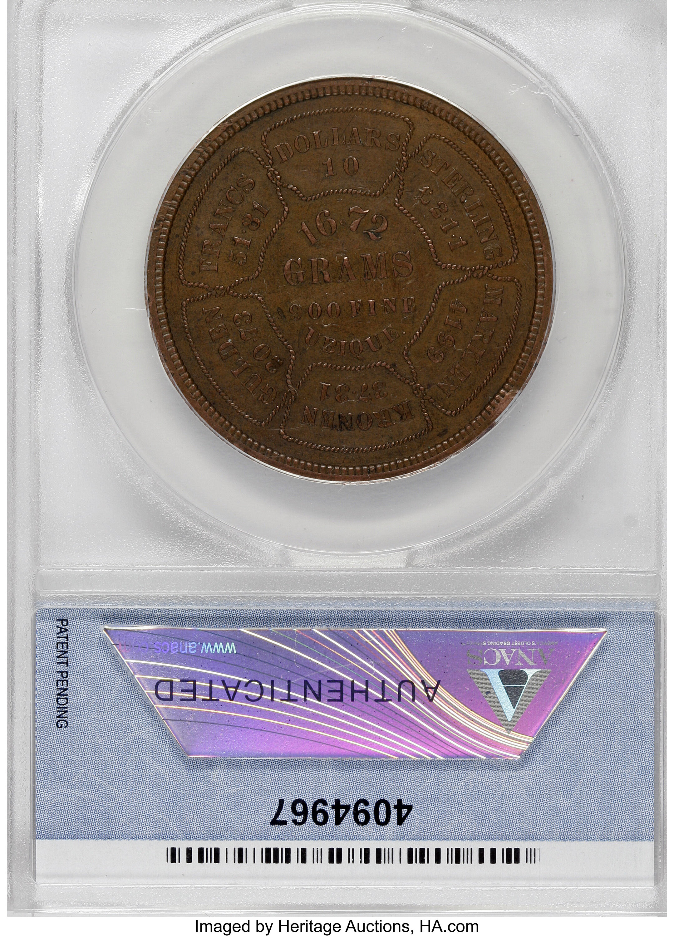image for: 1874 $10 Bickford Ten Dollar, Judd-1374, Pollock-1519, Low R.6--Rims Damaged--ANACS. AU50 Details....